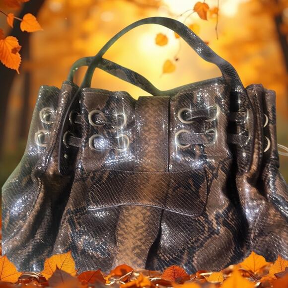 Jimmy Choo Ramona Brown Snakeskin Embossed Leather Cinched Satchel Bag - Picture 4 of 13